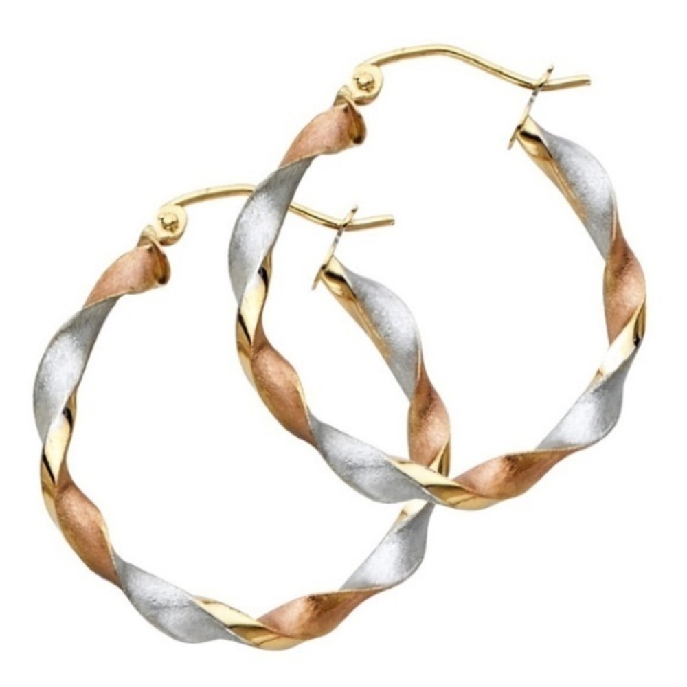 14k tri color Gold Twisted Hollow Hoop Earrings